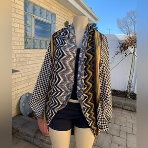 Luz Mixed-Pattern Drape open front Cardigan in Black, White & Mustard SzM